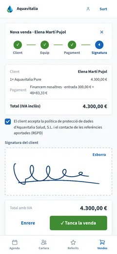 Venda exprés d'Aquavitalia al mòbil, a casa del client: resum de la venda amb finançament i signatura amb el dit (dades de demostració)
