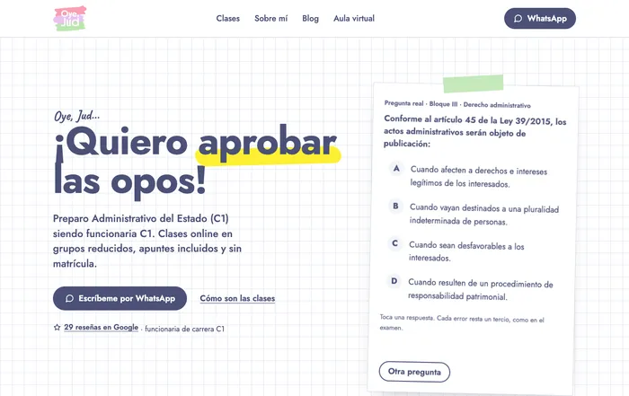 Portada del web d'OyeJud, amb una pregunta d'examen per practicar